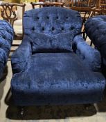 Large Furniture Village ' Langham ' armchair,  upholstered in blue crushed velvet fabric, on