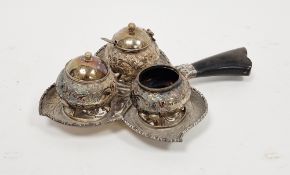 White metal condiment set comprising salt, pepper and mustard (with spoon), all of spherical