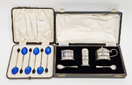 Silver three-piece condiment set, Birmingham 1949, comprising salt, mustard and pepperette, all of