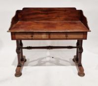 Victorian walnut washstand with deep three-quarters upstand, two frieze drawers with knob handles,