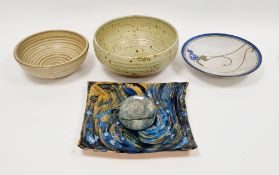 Collection of studio pottery including a grey shot stoneware ribbed oatmeal glazed bowl, a