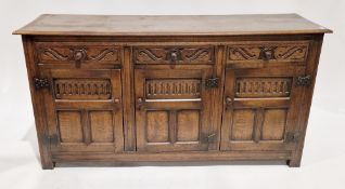 Oak dresser base in the 18th century manner, the rectangular top with thumbmoulded edge over three