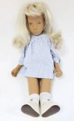 Vintage Sasha doll with blonde hair in blue & white checked dress, socks and white shoes