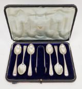 Set of six silver feather-edged teaspoons and a pair of matching sugar tongs by Josiah Williams &