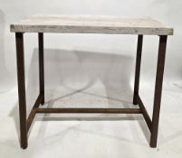 Industrial-style bar table with pine scaffold plank top, on a rusted metal base with straight
