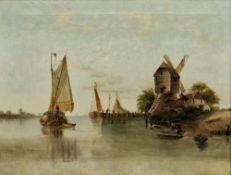 Late 19th century Dutch school Oil on canvas Estuary or river scene with fishing boats and windmill,