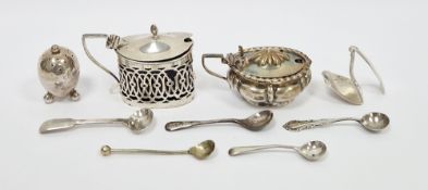 Victorian silver mustard pot, gadrooned, with glass liner, hallmarked Birmingham, 1899; an Edwardian