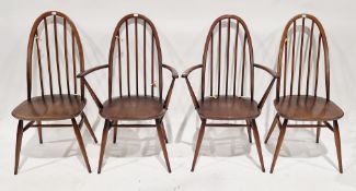 Set of four Ercol beech and elm Windsor Quaker dining chairs (including two carvers), with hooped