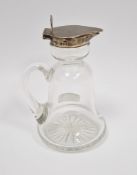 Silver-mounted glass whisky noggin with bell-shaped glass body and silver hinged cover, 12cm high