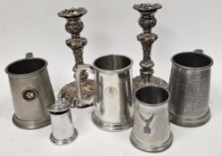 Quantity of metalware including pair of silver plated candlesticks with floral decoration, pewter