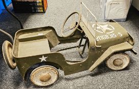 Tri-ang Willys pressed steel General Jeep child’s Pedal car, military green body with numbered