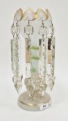 Victorian opaque glass lustre, with gilt petal-shaped rim, the stem coiled with a green snake,