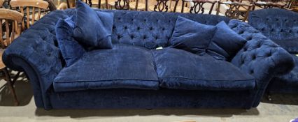 Large Furniture Village ' Langham Bongo ' chesterfield style sofa, upholstered in blue crushed