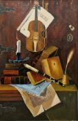 G. Gosztonyi (20th century) Oil on board Still life of violin, books and sheet music, signed and