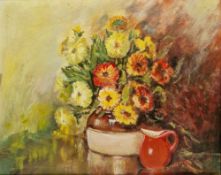 H. Street (20th century) Oil on board Still life of flowers and red jug, signed lower right, 41.