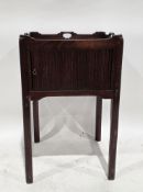 George III mahogany nightstand of square form, the tray top with pierced handles, over a pot