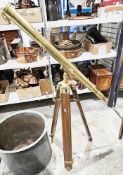 20th century brass library telescope on folding metamorphic mahogany tripod stand, telescope 98cm