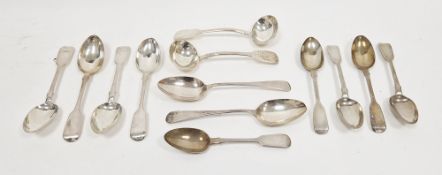 Collection of thirteen silver spoons including set of five Victorian fiddle pattern dessert