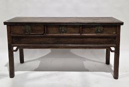 Chinese elm sideboard, the rectangular top with rounded corners, over three frieze drawers with