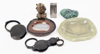 Mixed lot of collectables including a Dunhill silver-plated lighter, carved tiger eye owl 6.5cm