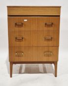 Mid-century Remploy teak chest of four long drawers, the bottom three drawers with brass rectangular