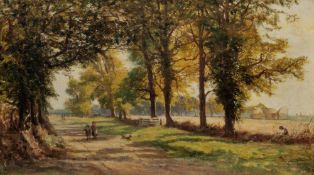 Late 19th/early20th century Oil on panel Rural scene with figures and dog on country path,