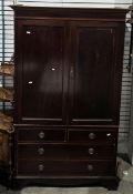 Edwardian mahogany and satinwood crossbanded wardrobe on chest, comprising two panel doors opening