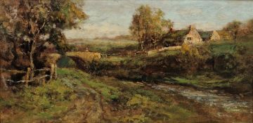 20th century school Oil on board Rural scene with figure on bridge, unsigned, 30cm x 58cm