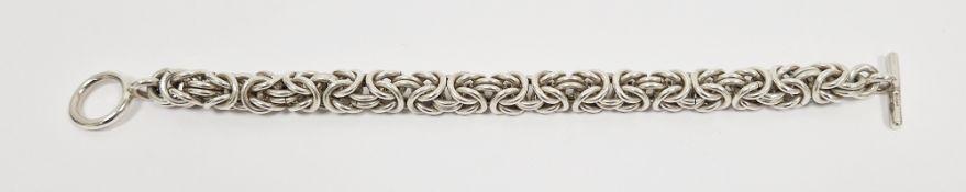 Heavy multi-link silver-coloured bracelet with T-bar clasp, 102g approx (tests as low grade silver)