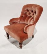 Late 19th/early 20th century lady’s buttonback drawing room chair in pink velvet and on turned stump