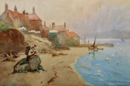 Frank Rousse (British fl.1897-1917) Watercolour Coastal scene with fisherwoman sat on rock, signed