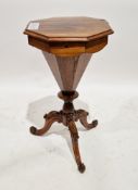 Victorian rosewood sewing table of trumpet form, the octagonal hinged lid opening to a