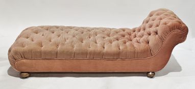 Victorian scroll-end day bed, button upholstered in pink dralon and on mahogany stump supports, 68cm
