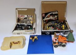Two boxes of mostly loose Lego and Mega Blocks to include part-built Star Wars 75199 set, tiny