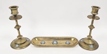 Pair of 19th century brass candlesticks inset with jasperware style plaques, 20cm high and a similar
