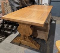 Substantial French pale oak refectory-style extending dining table, the rectangular top on two