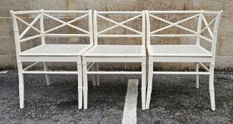 White painted bamboo sectional bench/settee, formed from two corner chairs and a single chair,