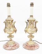 Pair of gilt metal and red marble table lamps in the 18th century Italian style, each lamp of