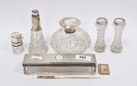 Collection of six early 20th century glass silver mounted items including three perfume bottles,
