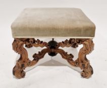 Baroque revival square stool with green velvet upholstered seat, on a scrolling carved base united