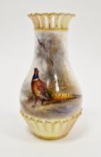 Royal Worcester pierced baluster vase painted with pheasant by James Stinton, printed black/green