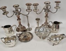 Two boxes of assorted silver plate including cruet stands, toast racks, pair of three-branch