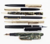 Collection of seven pens including a Conway Stewart fountain pen with green mottled case and 14ct