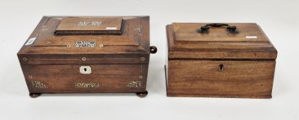19th century rosewood and mother of pearl inlaid sewing box of sarcophagus form, the hinged lid