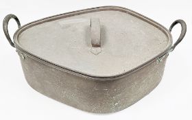 19th century copper turbot fish kettle pan of diamond form with lid, inner straining tray and twin