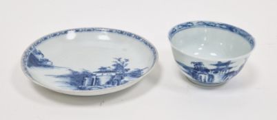 Chinese porcelain blue and white Nanking Cargo teabowl and saucer, mid-18th century, painted with