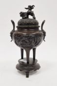 Japanese Meiji period (1868-1912) bronze tripod censor on stand, pierced cover surmounted with a
