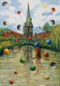 G. Gosztonyi (20th century) Oil on board Surrealist-style view of church and canal with multi-