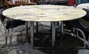 Mid-century Italian dining table with circular marble top, on a tubular chromed hexagonal base