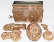Collection of eleven tin lined copper jelly and food moulds, including lobster, fish and chicken
